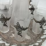 Tray with carafe and 6 glasses, glass and silver-plated metal, Art Nouveau period