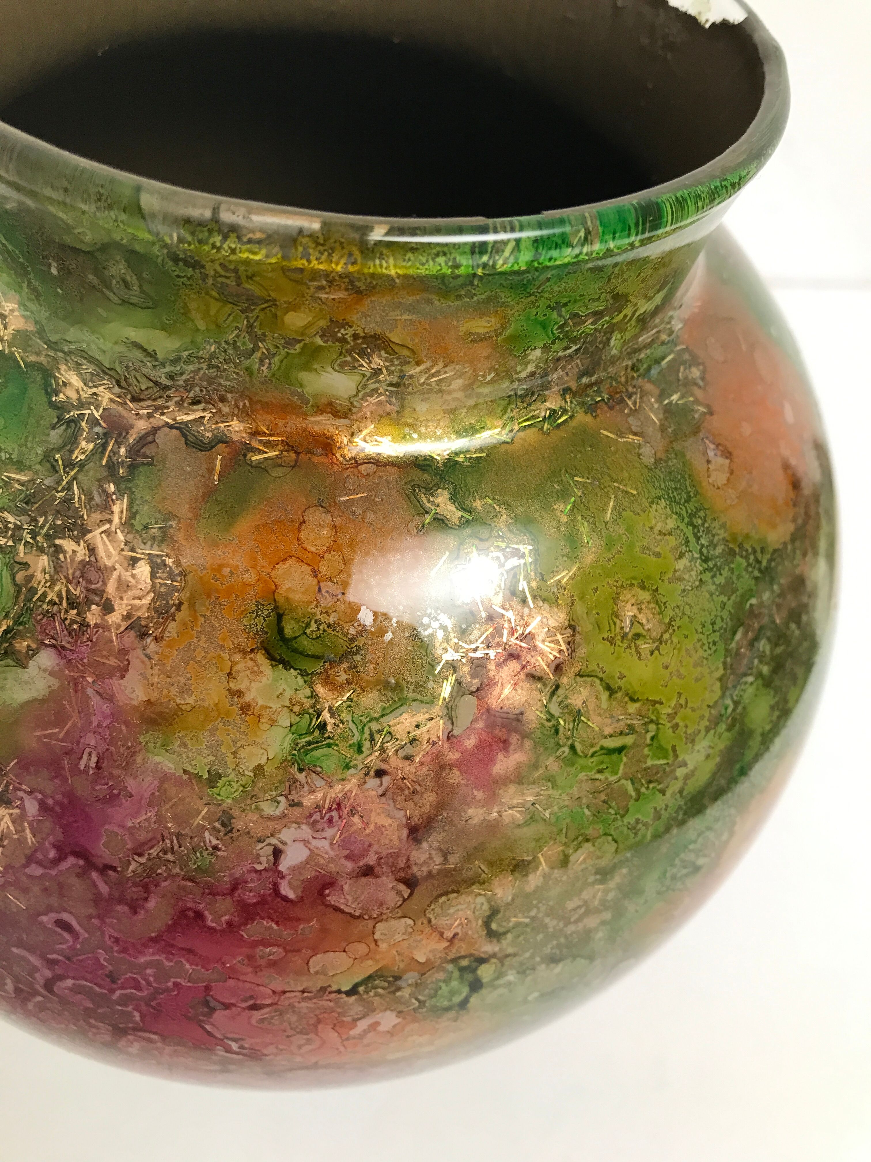 Linear lacquered glass vase 1970-1980 with internal decoration of gold oxides unique handmade piece