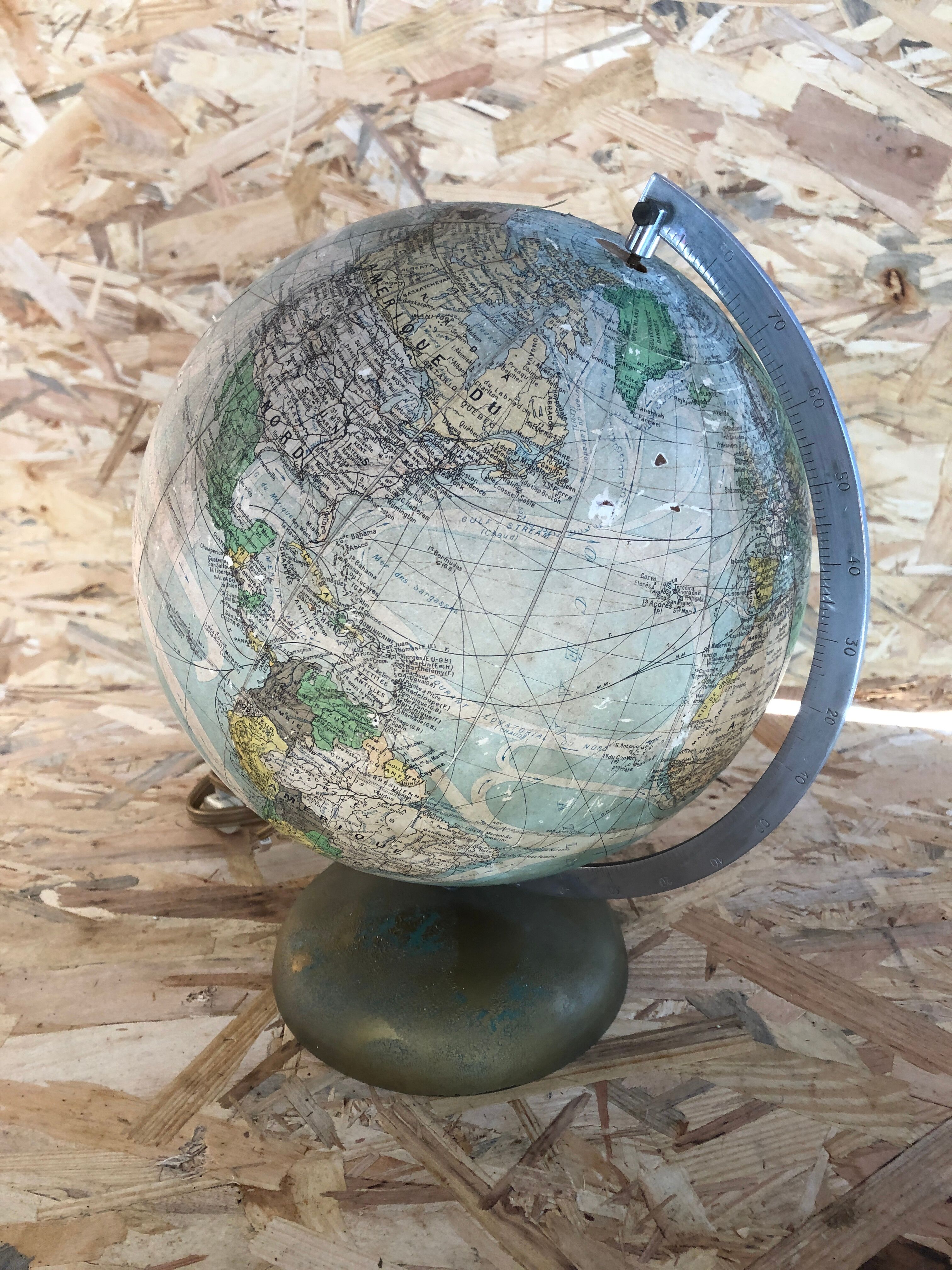 Old terrestrial globe world map perrina paris glass vintage metal foot