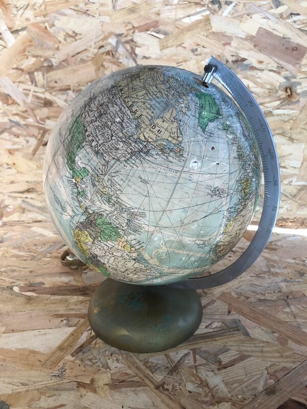 Ancien globe terrestre mappemonde perrina paris verre pied métal vintage