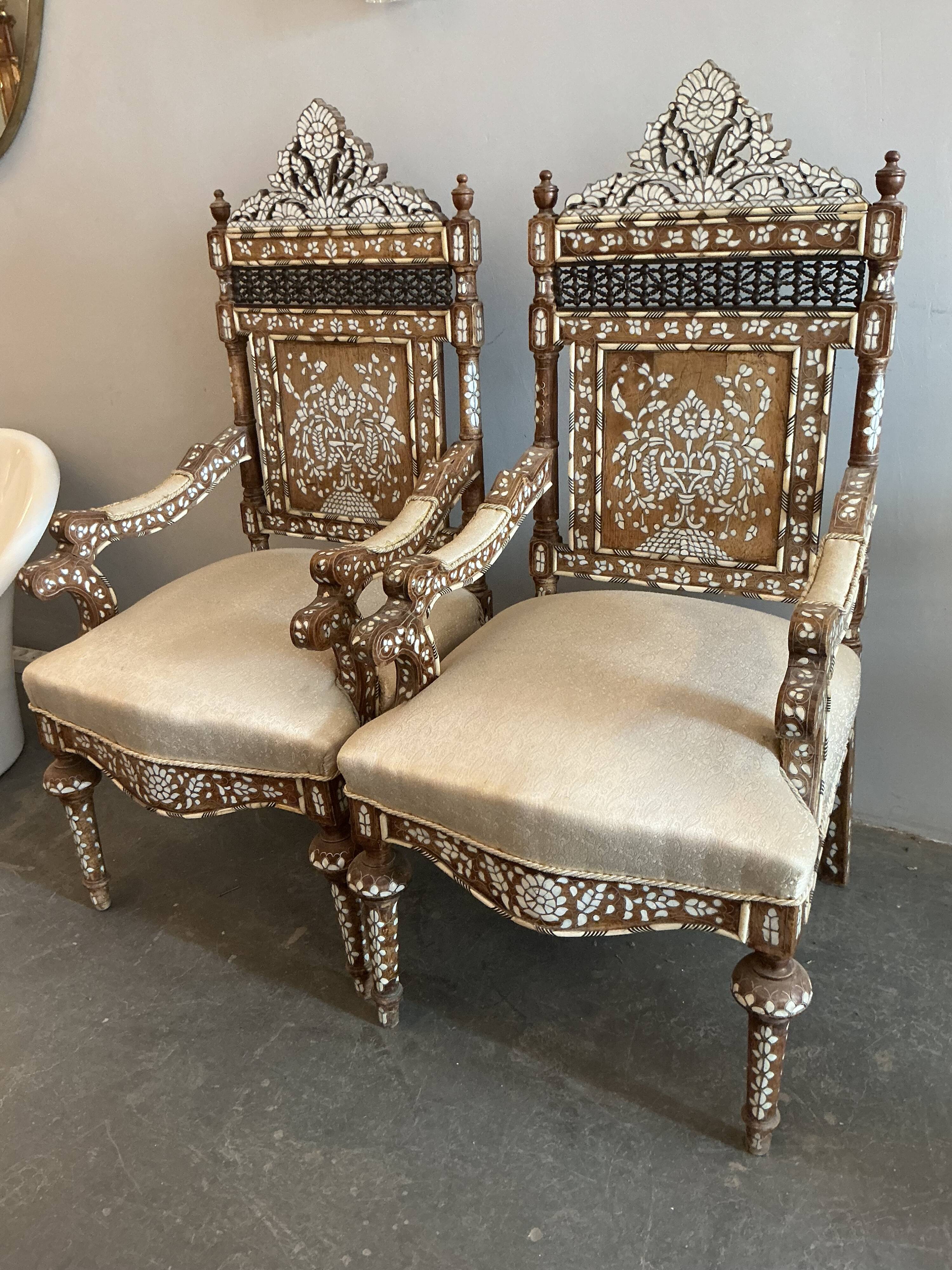 Syrian walnut armchairs inlaid with mother-of-pearl