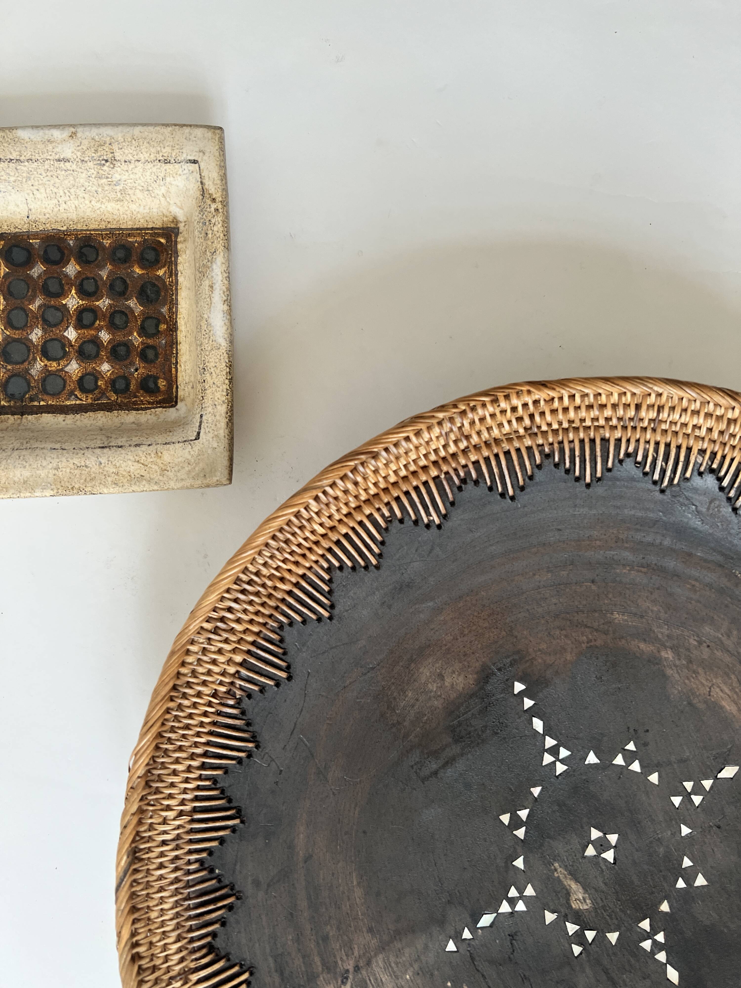 Large basket/trinket tray in blackened wood, wickerwork & mother-of-pearl