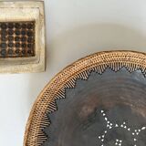 Large basket/trinket tray in blackened wood, wickerwork & mother-of-pearl
