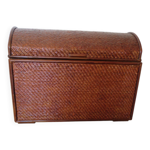 Vintage-coffre rangement-bombé-rotin