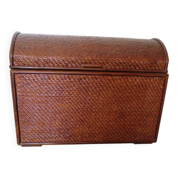 Vintage storage chest - curved - woven rattan - 1970s - mahogany shade