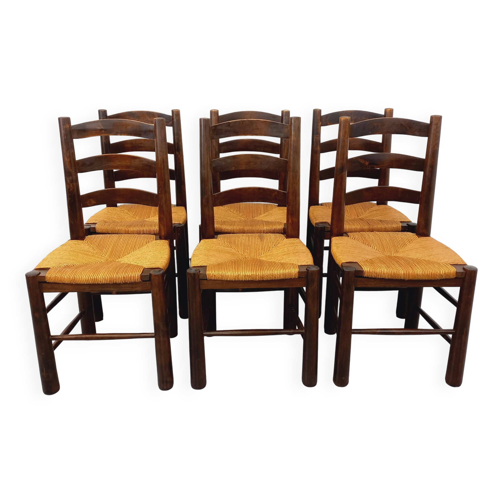 Set of 6 vintage brutalist chairs by Georges Robert in straw wood from the 1960s.