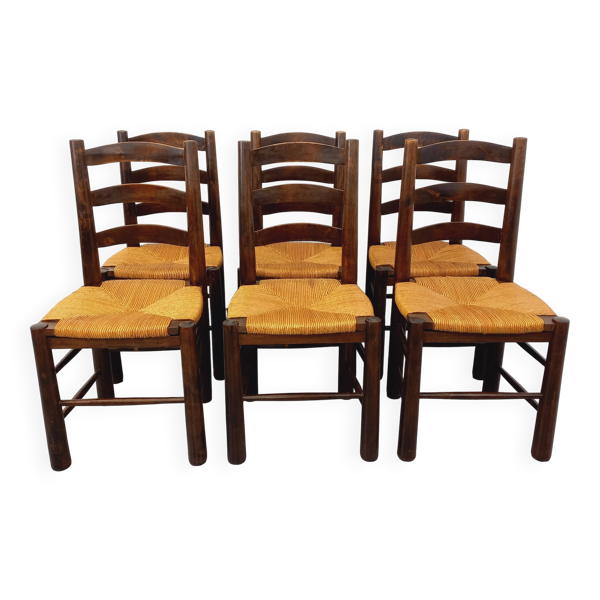 Suite de 6 chaises brutalistes vintage Georges Robert en bois paille 1960