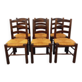 Set of 6 vintage brutalist chairs by Georges Robert in straw wood from the 1960s.
