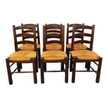 Set of 6 vintage brutalist chairs by Georges Robert in straw wood from the 1960s.