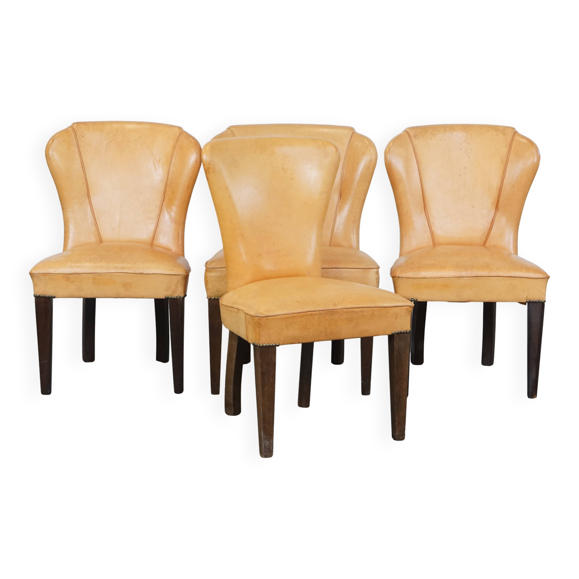 Set of 4 comfortable honey-colored goat leather dining chairs