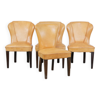 Ensemble de 4 chaises de salle à manger confortables en cuir de chèvre couleur miel