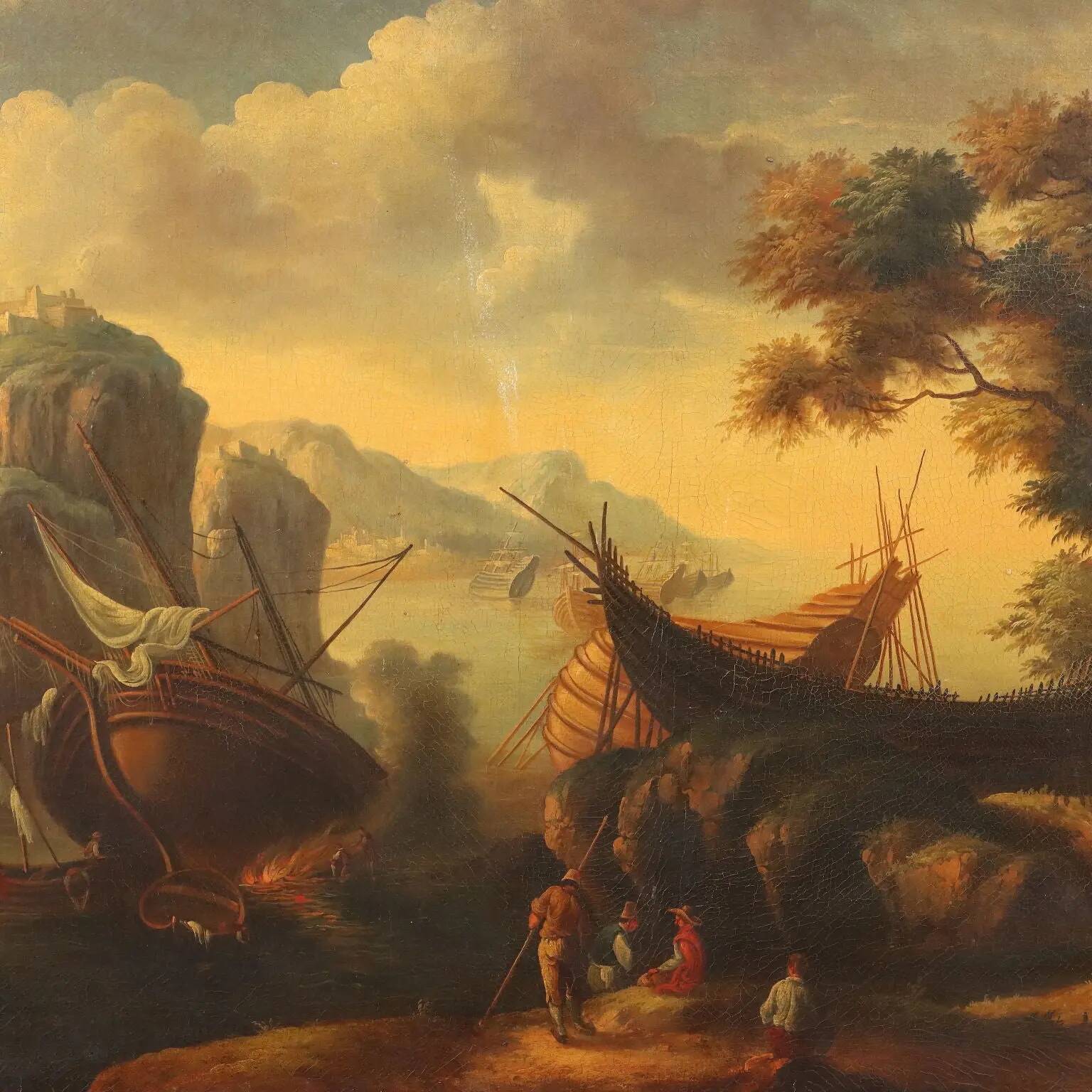Peinture ancienne paysage avec bateau, huile sur toile, Italie, XXe siècle