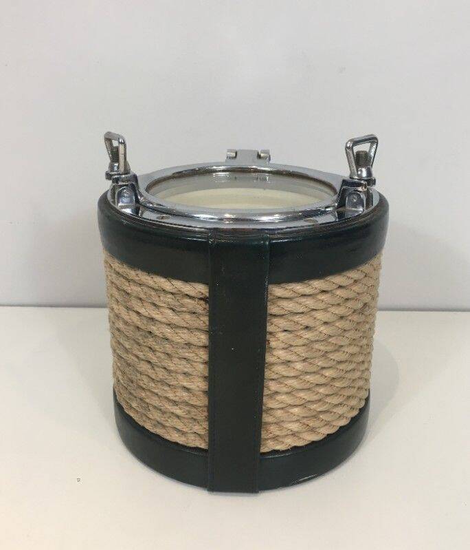 Ice bucket in leather, rope, and chrome. In the style of Jacques Adnet