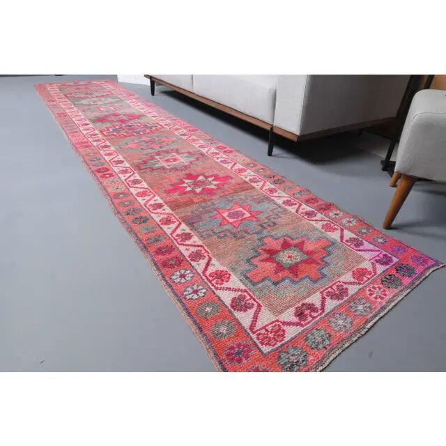 Vintage Turkish Oushak Handmade Wool Cotton Pink Runner 85x387