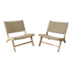 Pair of low armchairs in wood and woven rattan