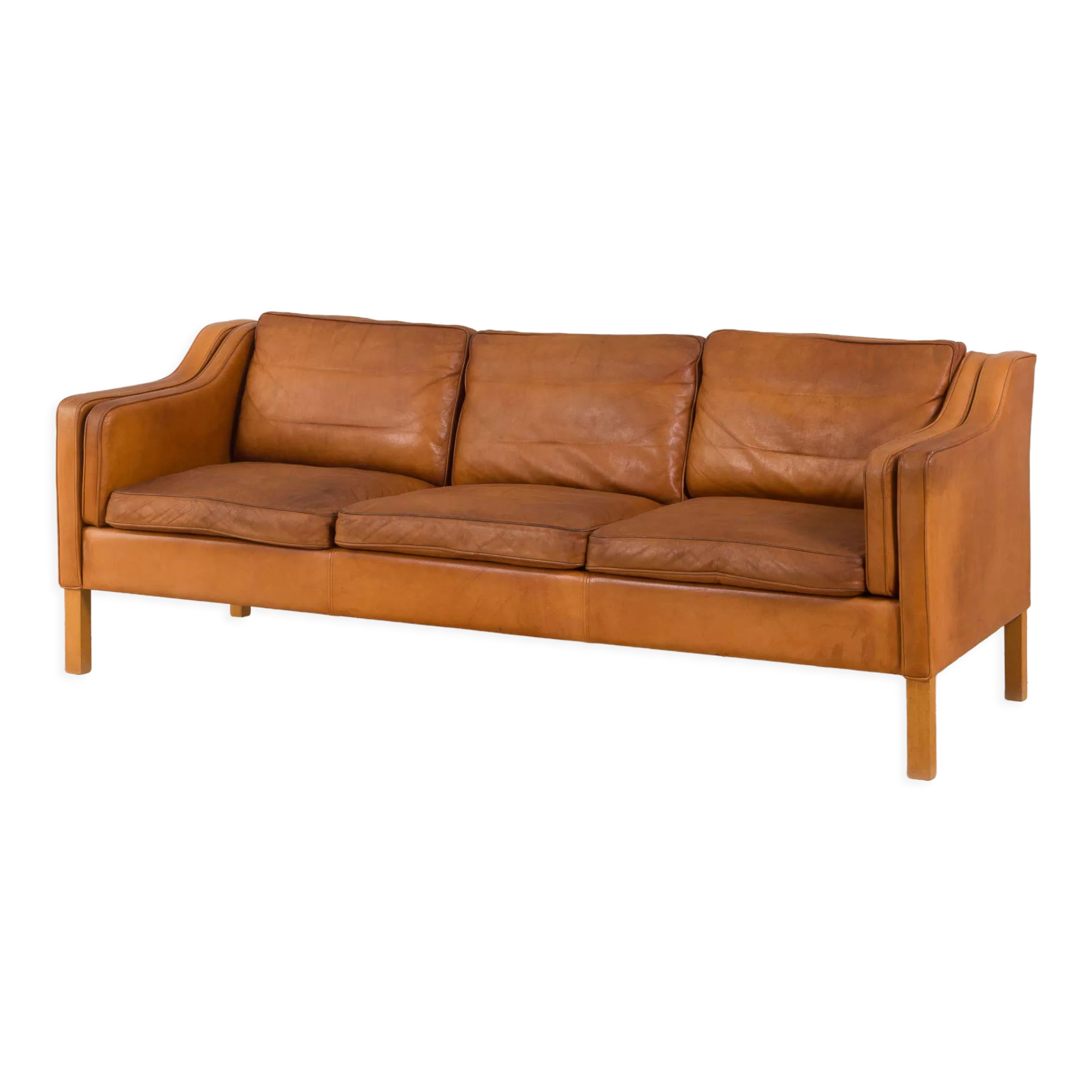 Vintage light cognac aniline leather 3 seater sofa by Mogens Hansen  Denmark, 1970s