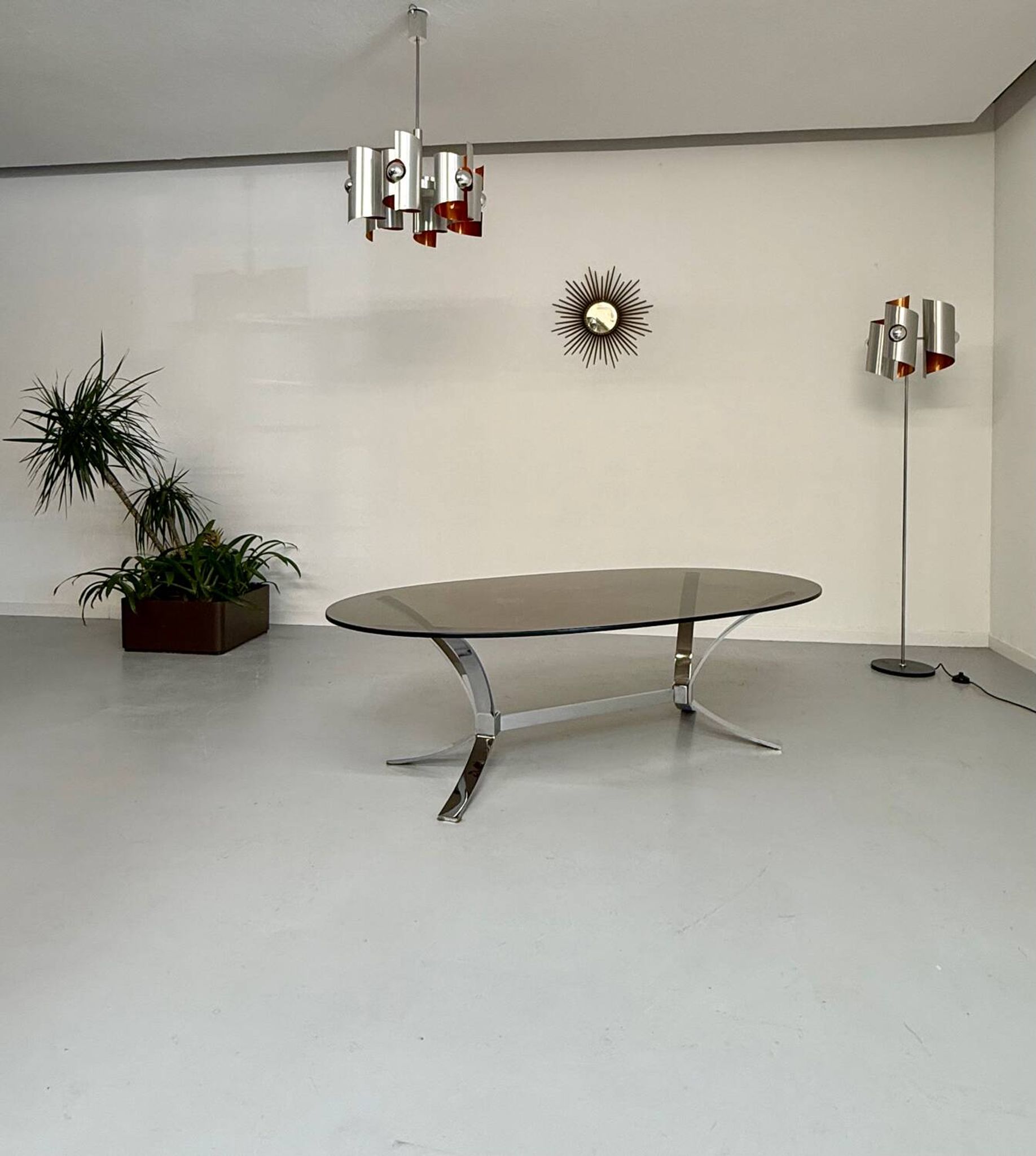 Old metal coffee table with smoked glass, Italian design, 70s vintage