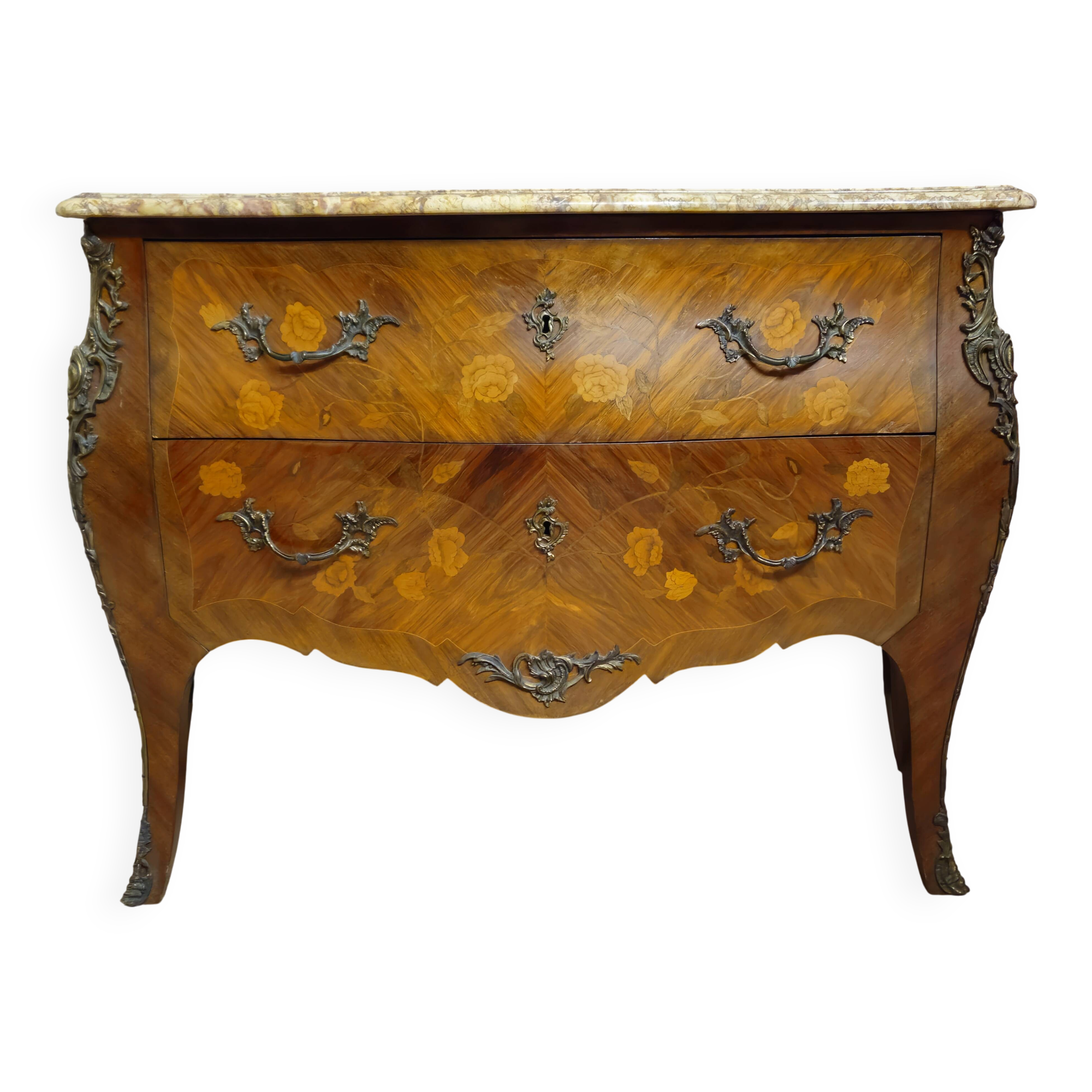 Curved Louis XV style commode with floral marquetry and marble top.