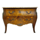 Curved Louis XV style commode with floral marquetry and marble top.