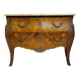 Curved Louis XV style commode with floral marquetry and marble top.