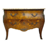 Curved Louis XV style commode with floral marquetry and marble top.