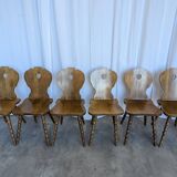 Set of 6 Vintage Tyrolean Heart Cutout Wooden Dining Chairs / Darker Brown