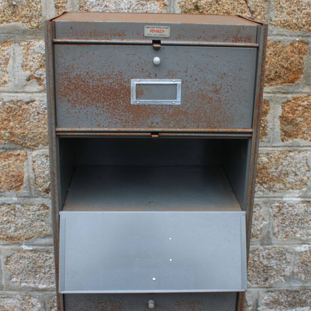 Patinated metal industrial filing cabinet – roneo