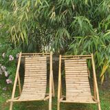 Pair of bamboo deck chairs, deckchairs