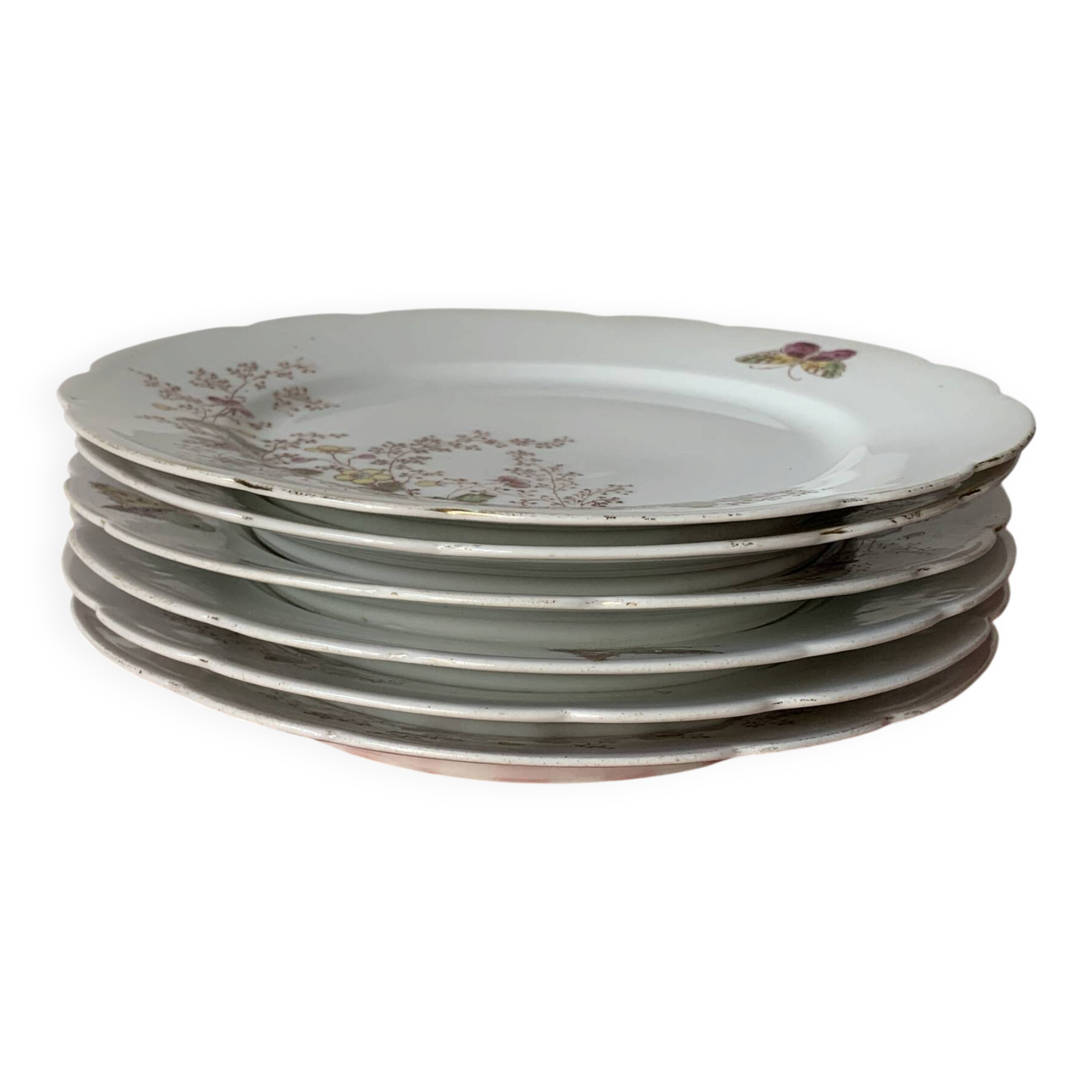 Six assiettes à entrée 1900s fleurs et papillons