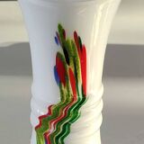 Blown Murano/White Opaline Art glass vase, polychrome smoke scroll inclusions. 28.5 x 14 cm