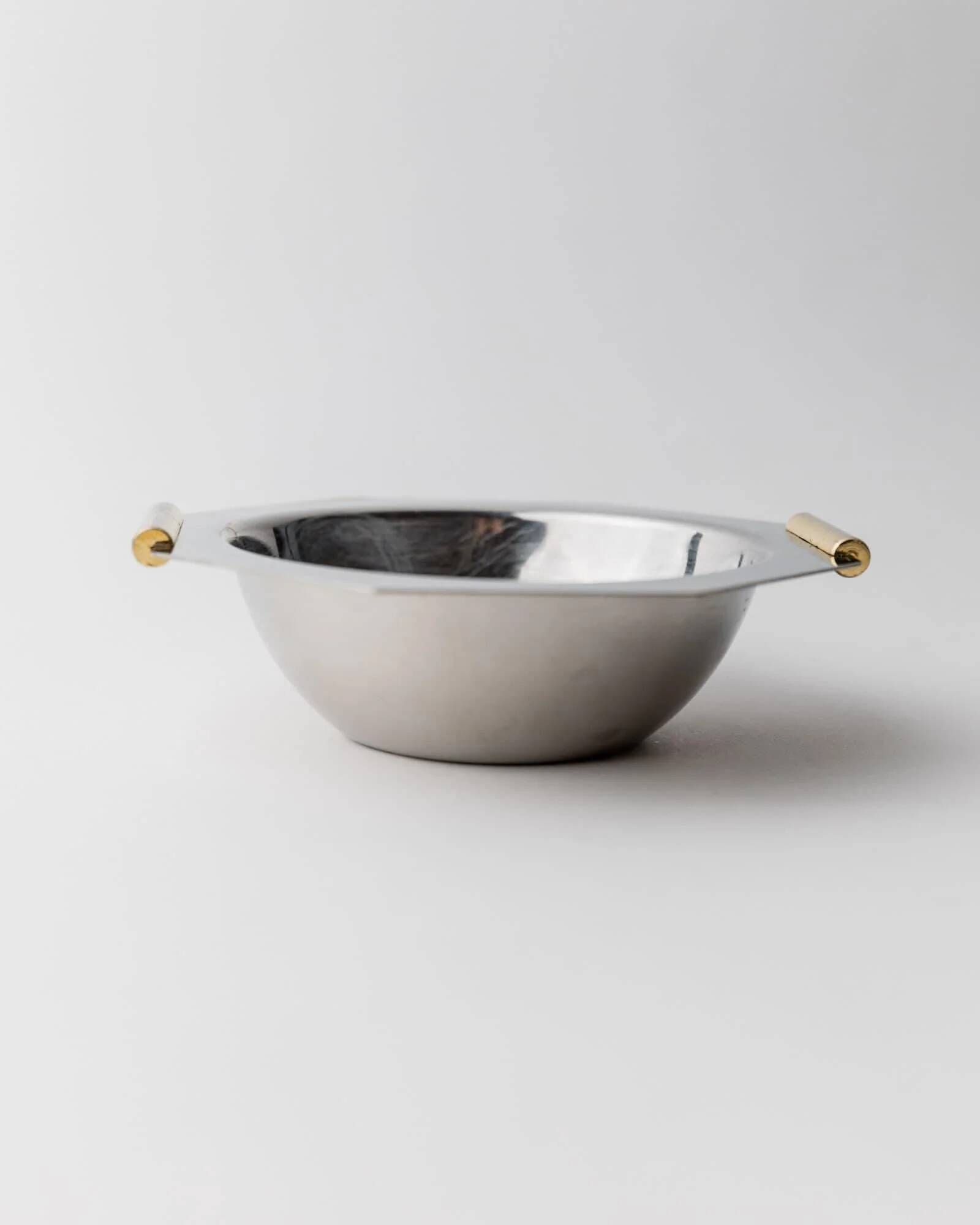 1980s vintage bowls, set of 8, stainless steel with gold handles.