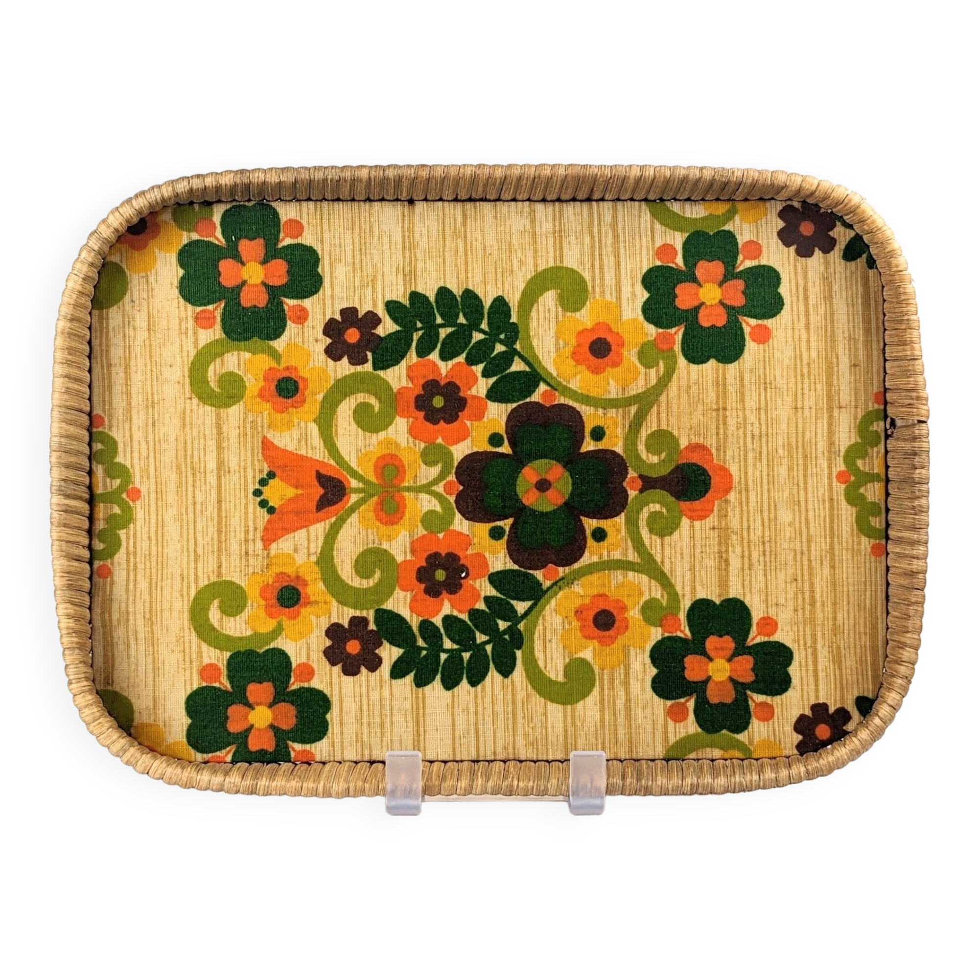 1970s floral patterned tray in rattan and plastic