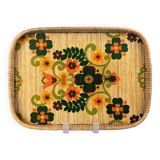 1970s floral patterned tray in rattan and plastic