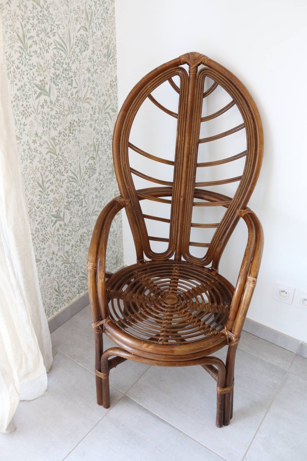 Fauteuil feuille bambou et rotin 1970 vintage