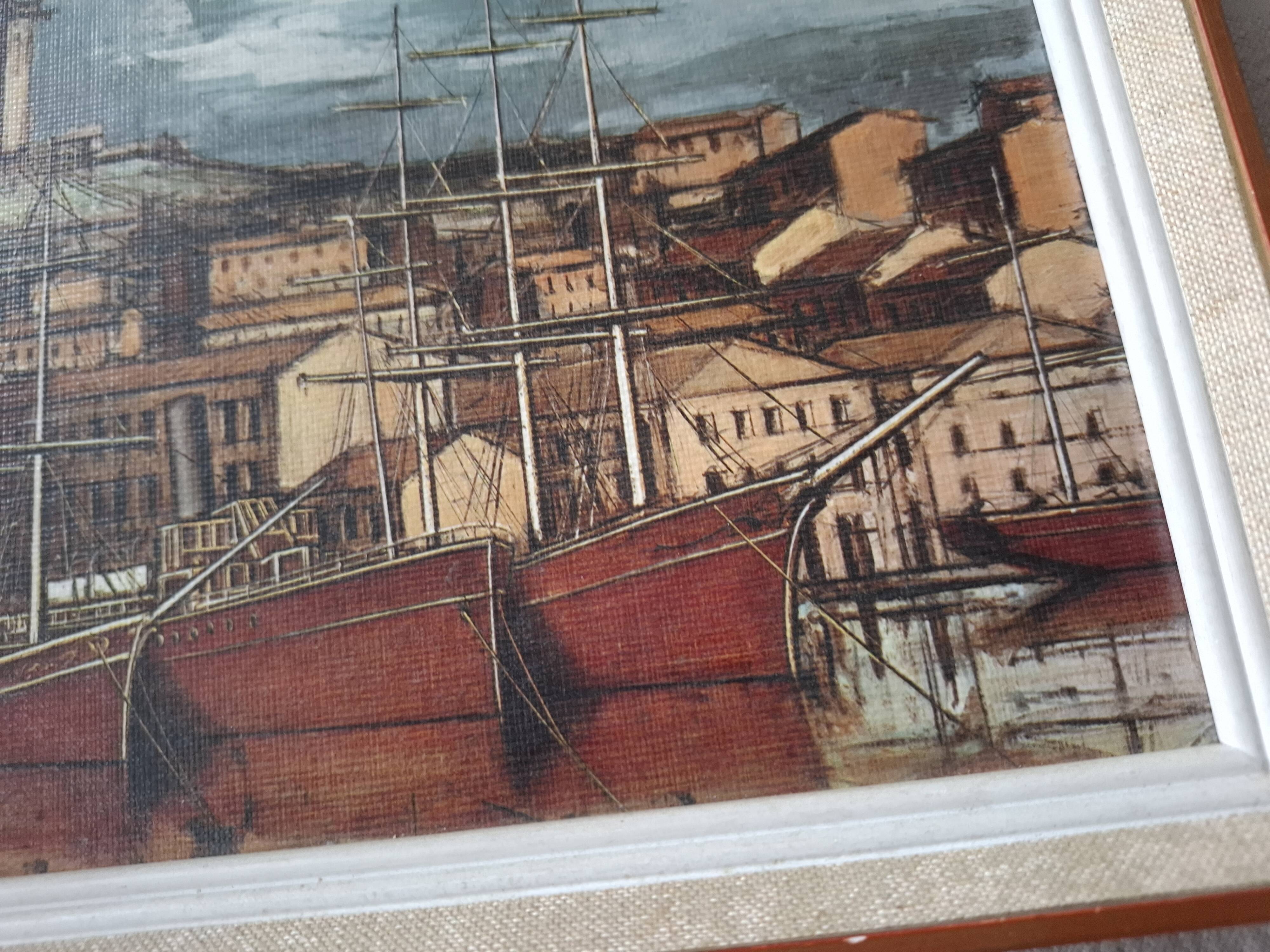 Tableau bernard buffet , marseille , bateaux dans le vieux port , edition braun
