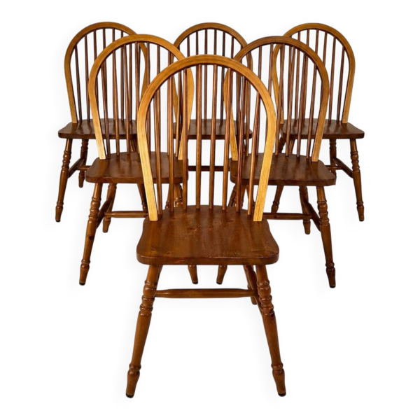 Ensemble de 6 fauteuils à oreilles en pin scandinave, années 1970.