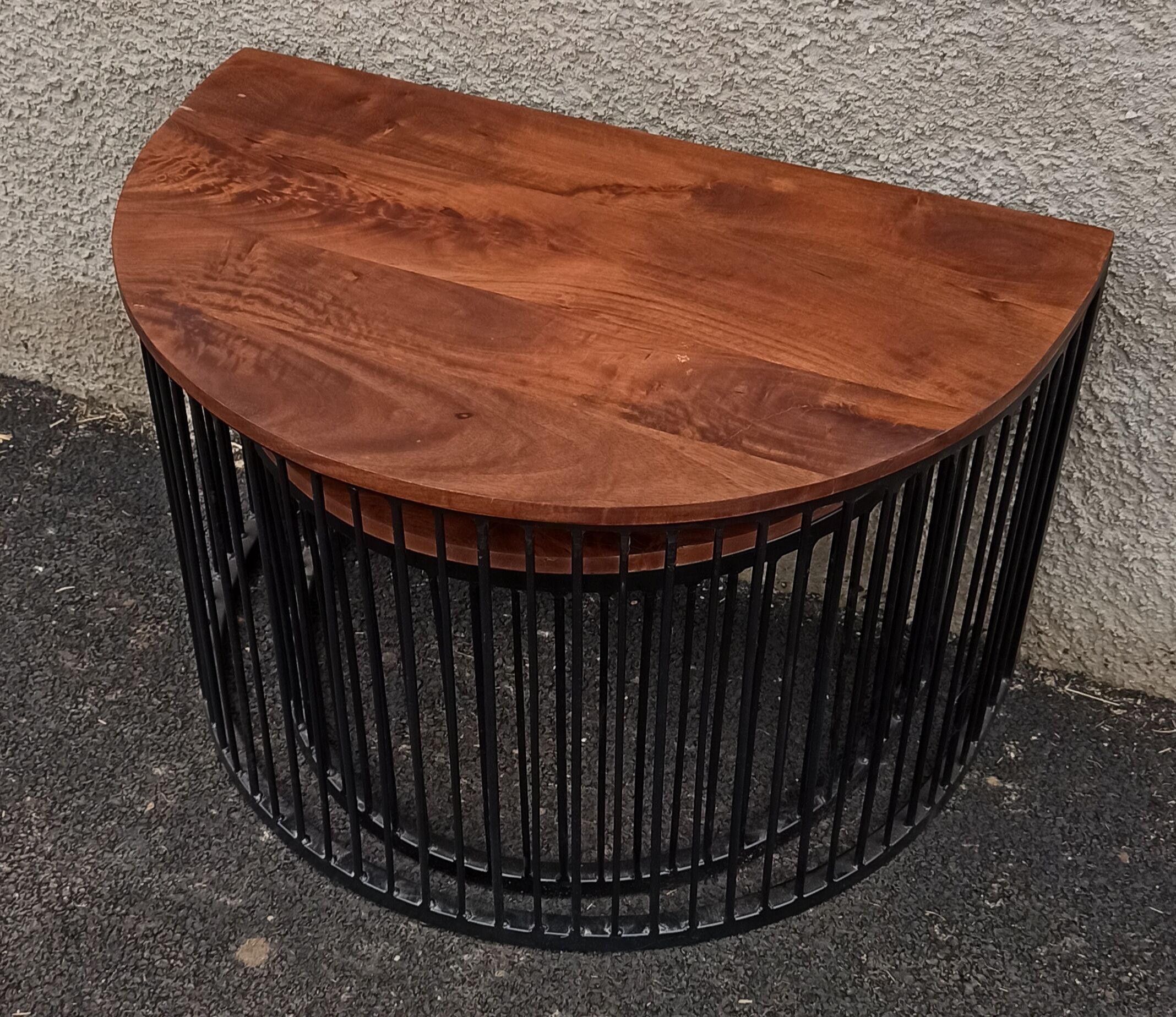 Half-circle wooden tables, metal feet