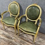 Pair of Louis XVI Cabriolet Armchairs with Medallion Backs in Limed Wood, 19th Century