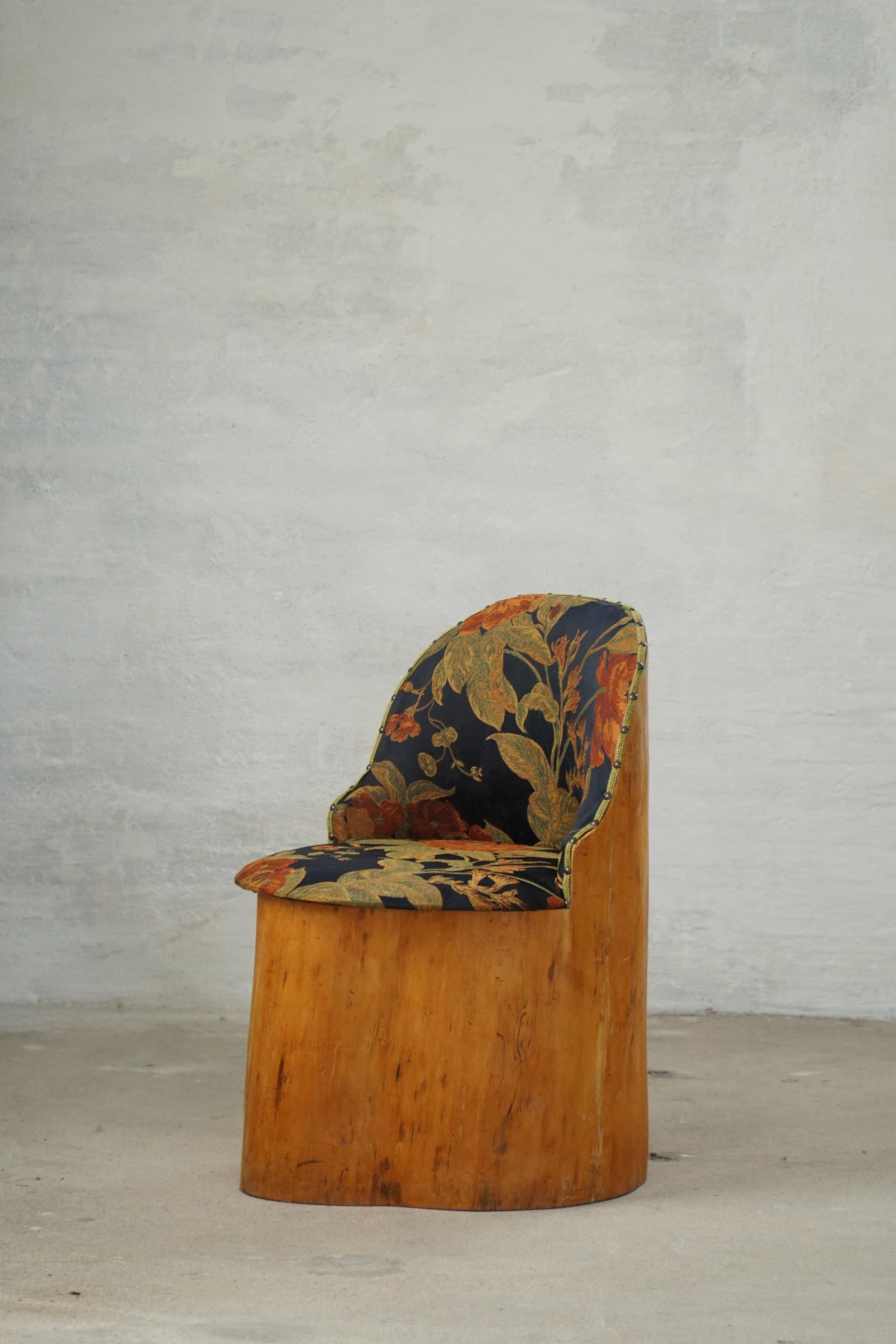 Swedish stump chair / "Kubstol" in pine and floral upholstery, mid-20th century