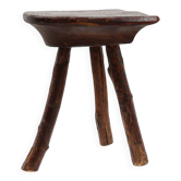 Tabouret bas tripode français wabi sabi en bois massif, années 1850