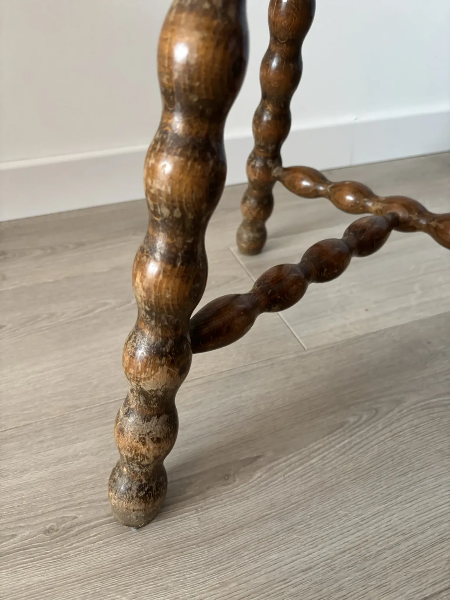 Antique tripod stool, solid wood, turned wood.
