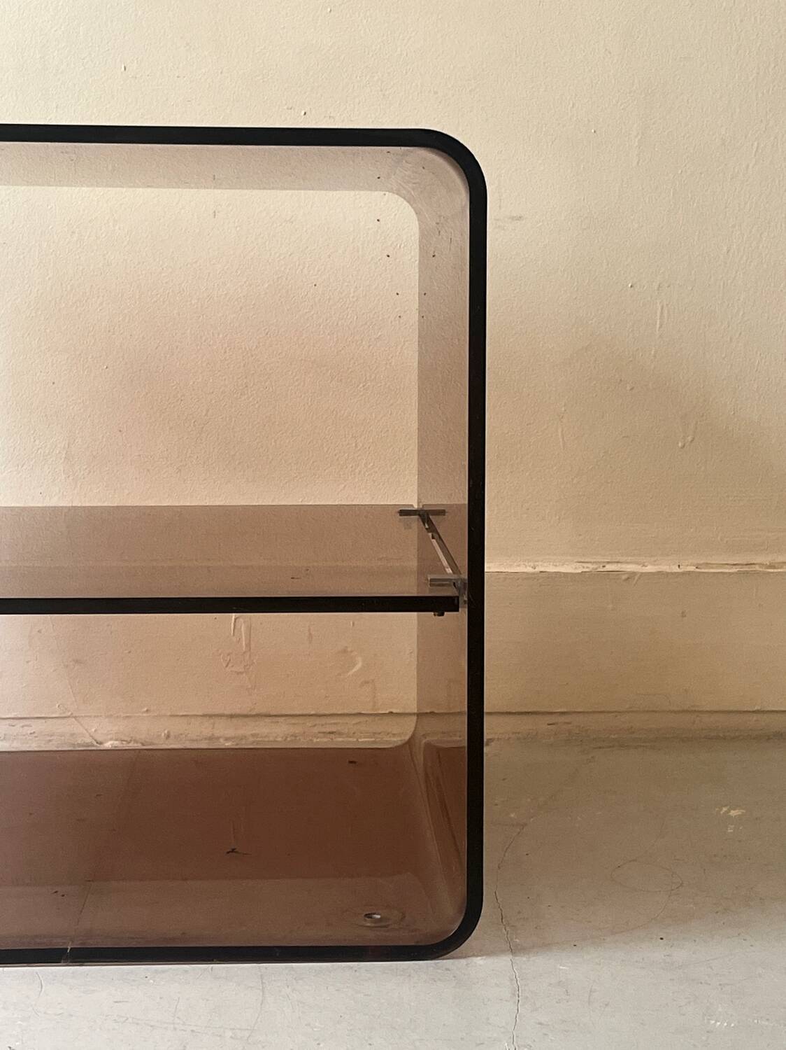 Side table/bedside table in smoked plexiglass, M.Dumas for Roche Bobois 1970