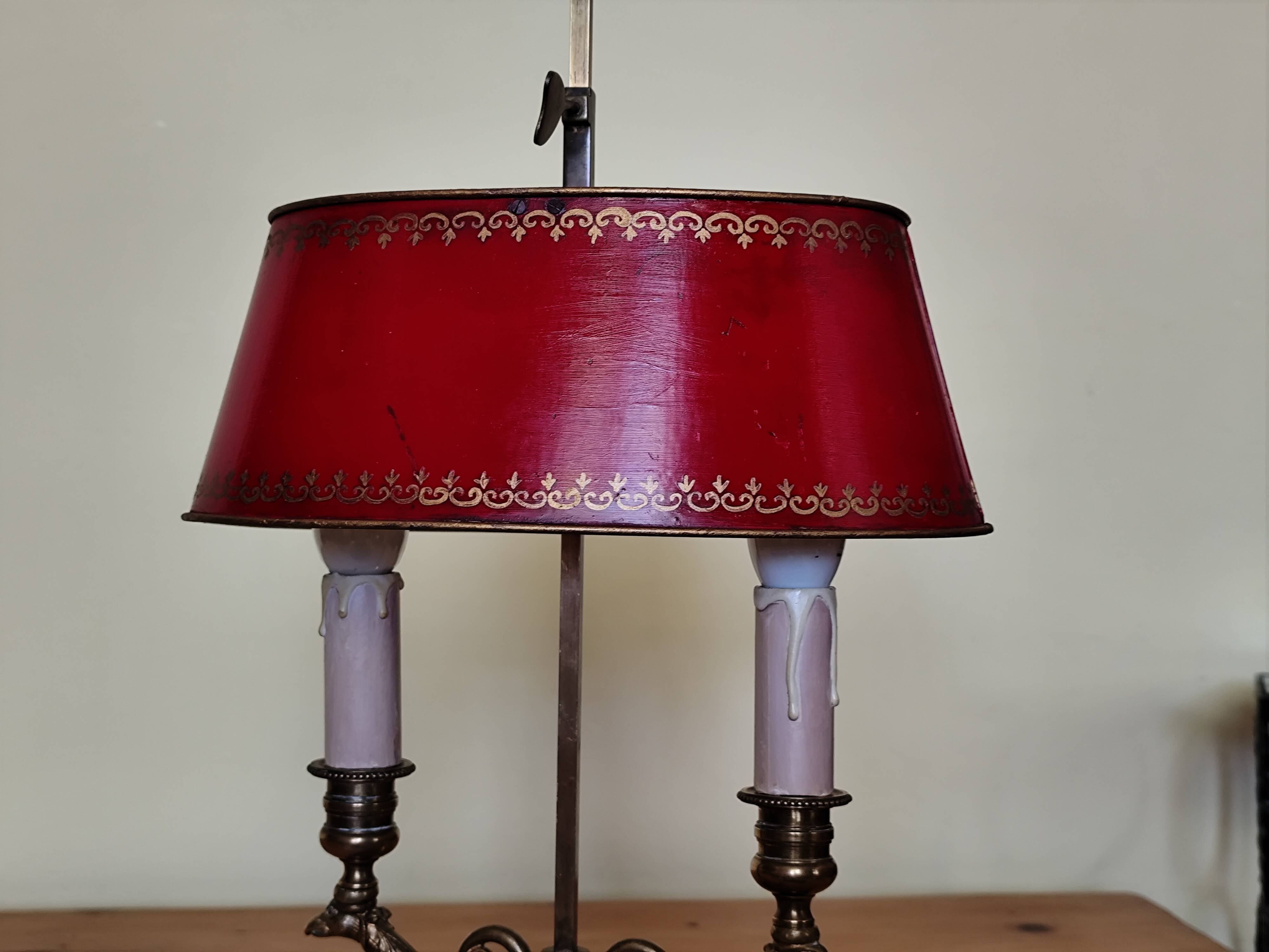 bronze and brass 2-bulb bouillotte lamp, red desk lamp