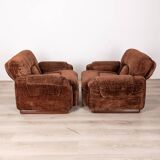 Pair of armchairs with wooden and metal structure and brown velvet covering