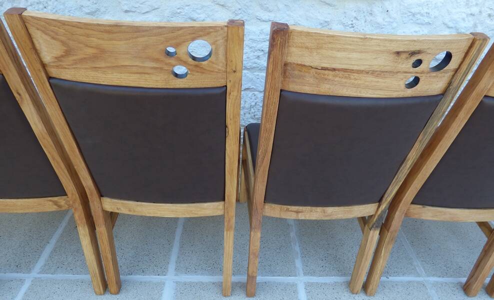 6 High-back chairs in high-quality, plush solid wood with brown faux leather