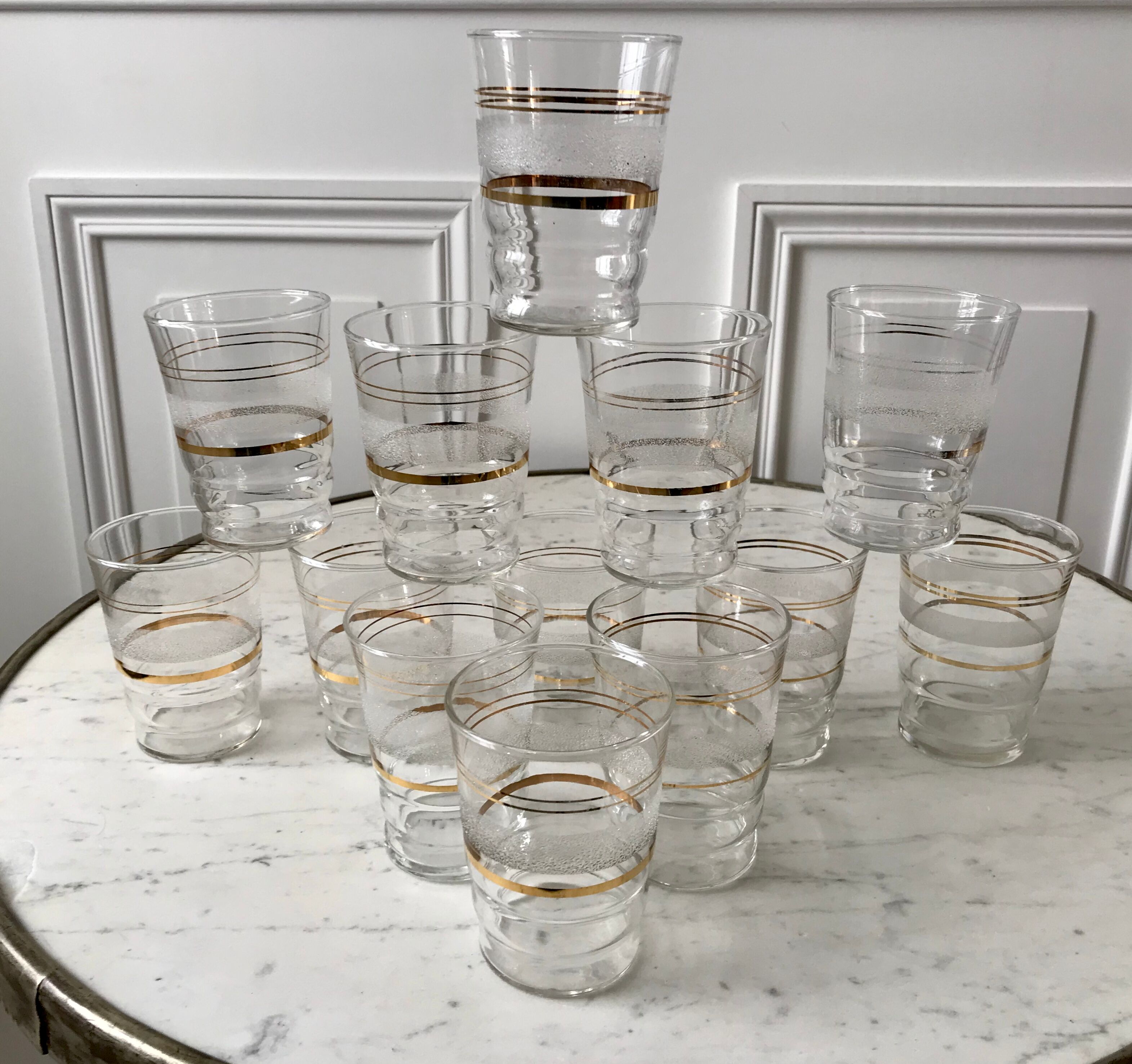 Set of 13 granite water glasses with golden borders 50s-60s