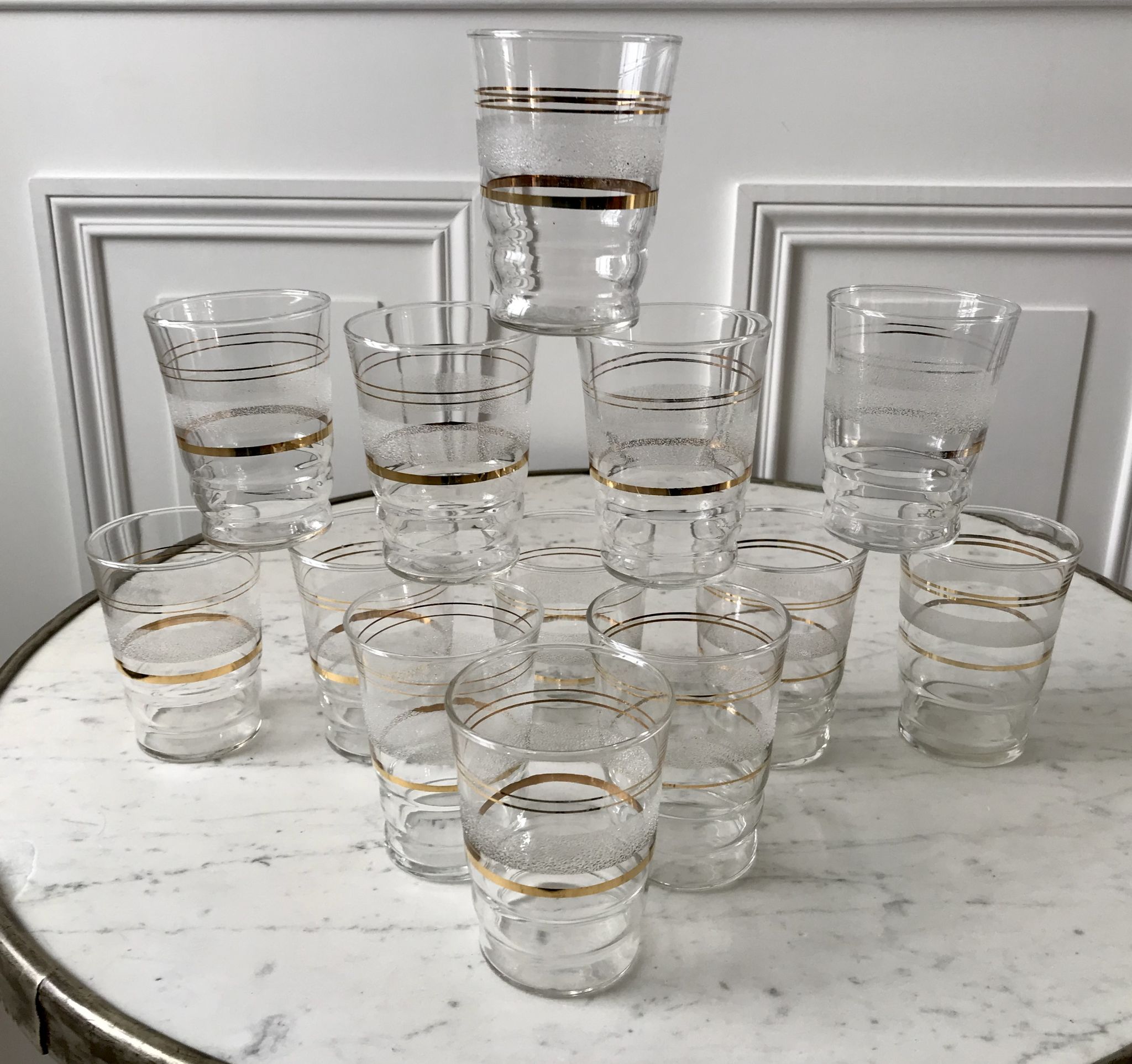 Set of 13 granite water glasses with golden borders 50s-60s