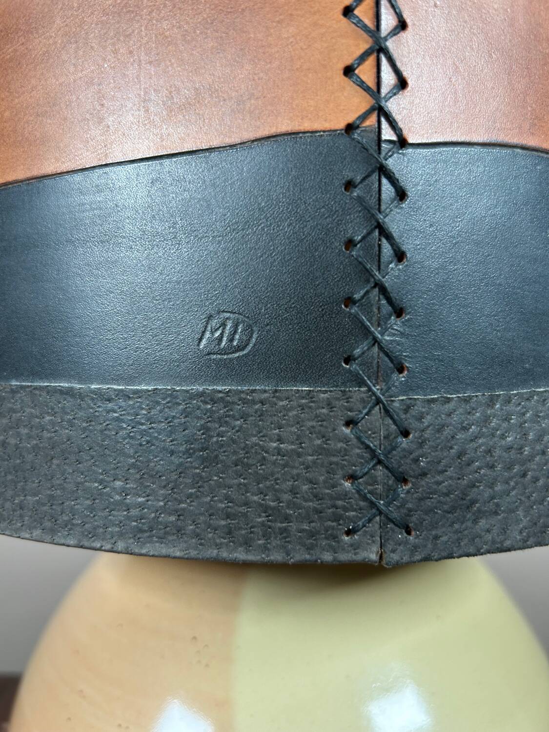 Original vintage ceramic and leather lamp