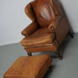 Vintage Dutch cognac coloured leather club chair, with footstool