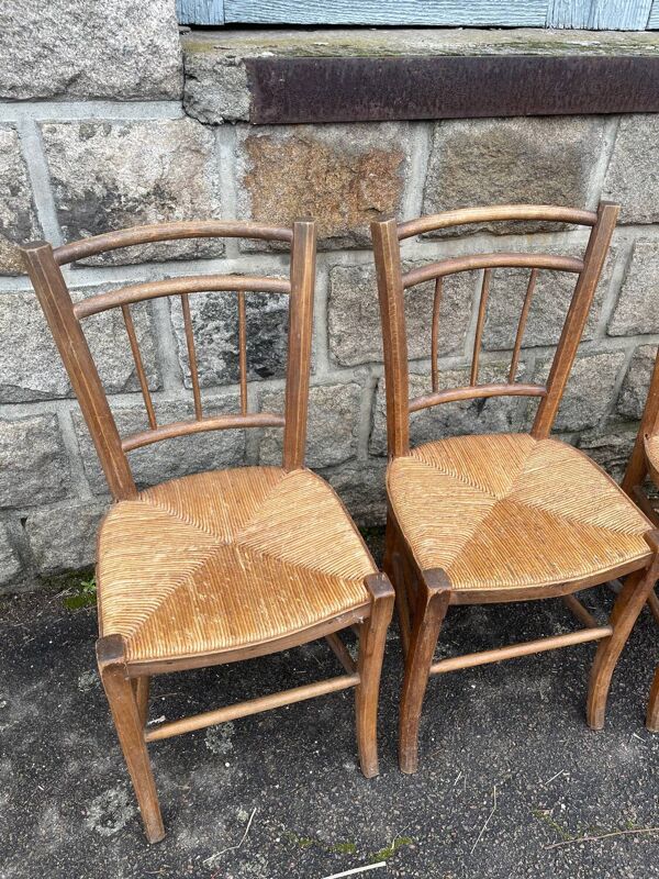 quatre Chaise paillée ancienne style bistrot